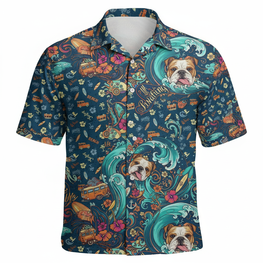 Bulldog Surfing Hawaiian Shirt Navy Blue Beach Vibes 1 - Printyouraloha.com