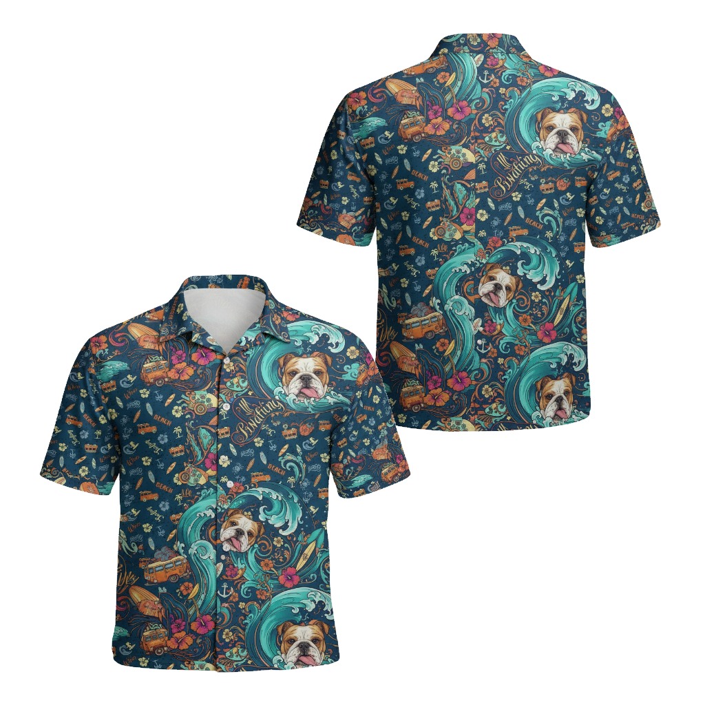 Bulldog Surfing Hawaiian Shirt Navy Blue Beach Vibes - Printyouraloha.com