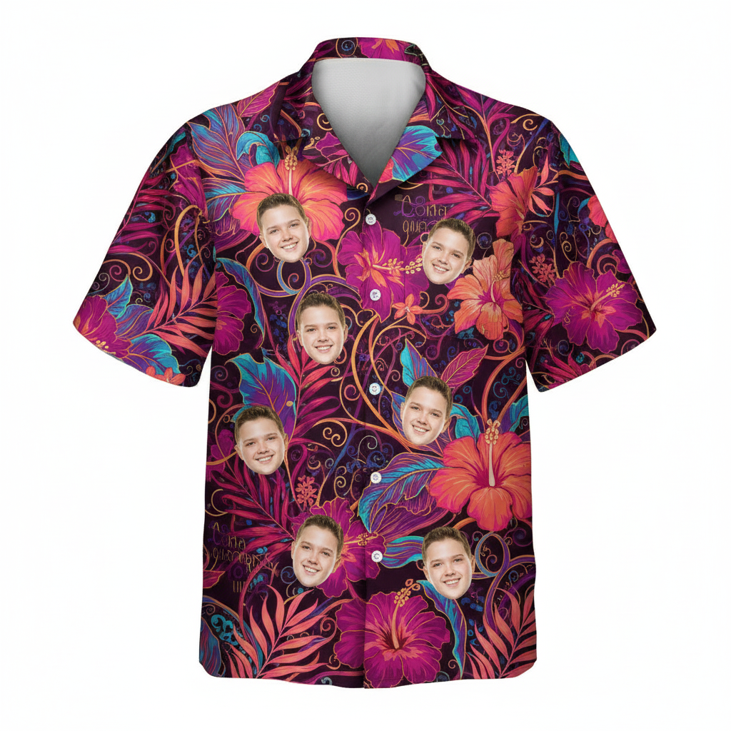 Custom Face Hibiscus Hawaiian Shirt Purple Floral Aloha 1 - Printyouraloha.com