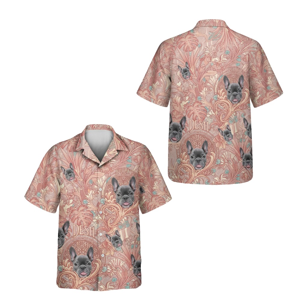 French Bulldog Floral Print Button Down Shirt Blush Pink - Printyouraloha.com French Bulldog Floral Print Button Down Shirt Blush Pink - Printyouraloha.com