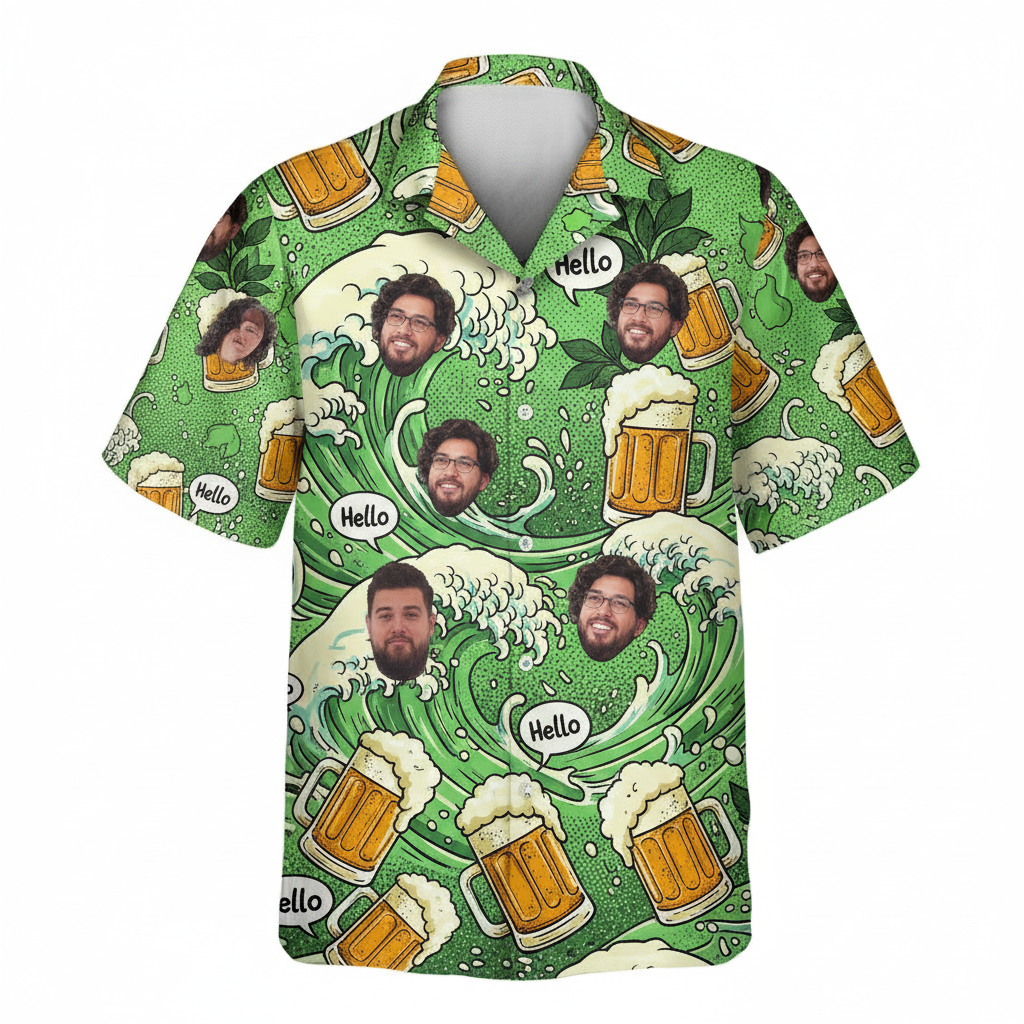 Green Beer Wave Hawaiian Shirt Fun Custom Face Design 1 - Printyouraloha.com