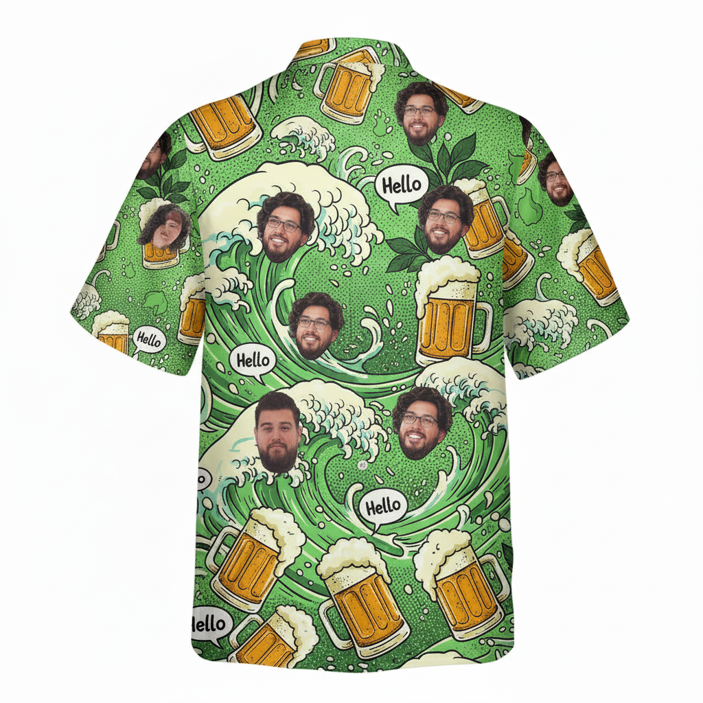Green Beer Wave Hawaiian Shirt Fun Custom Face Design 2 - Printyouraloha.com