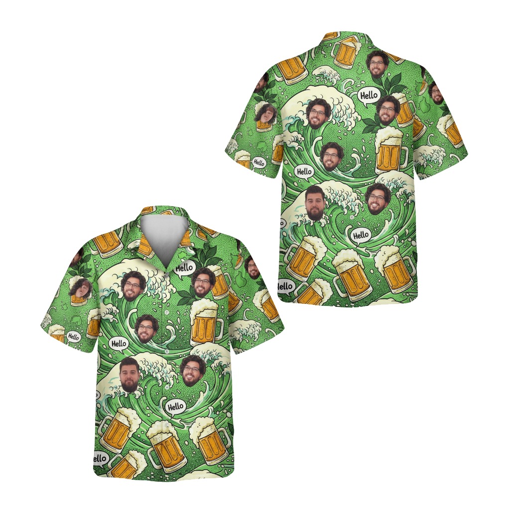 Green Beer Wave Hawaiian Shirt Fun Custom Face Design - Printyouraloha.com