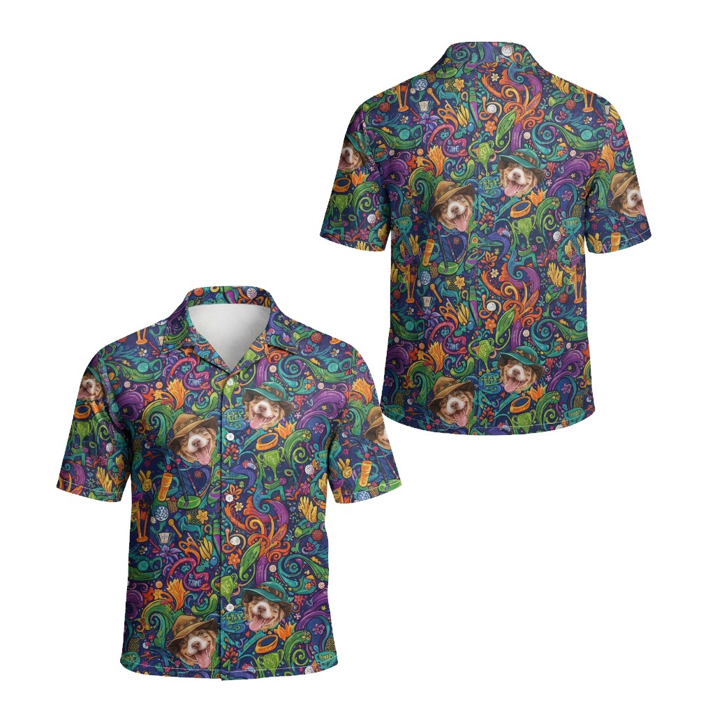Hawaiian Dog Print Button Up Shirt Navy Blue - Printyouraloha.com