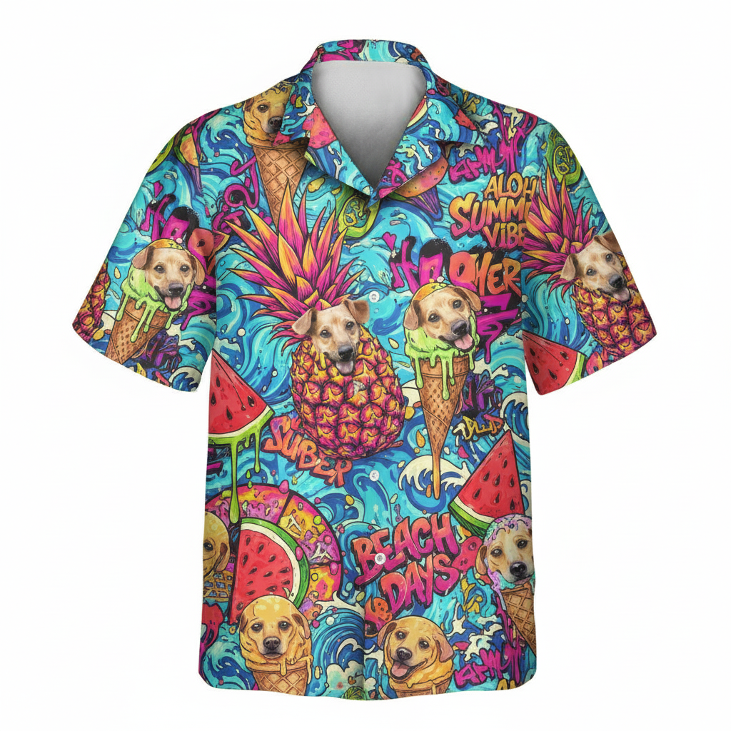 Vibrant Blue Summer Dog Pineapple Ice Cream Hawaiian Shirt 1 - Printyouraloha.com