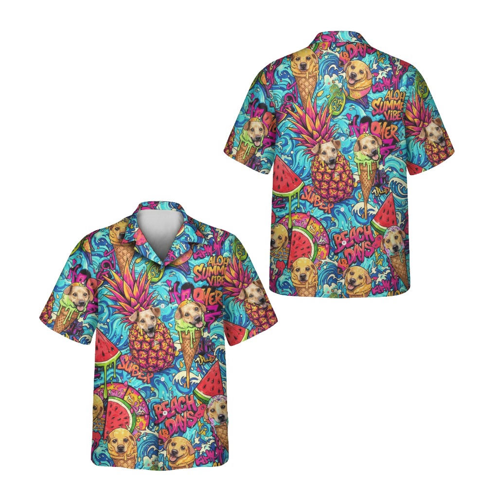 Vibrant Blue Summer Dog Pineapple Ice Cream Hawaiian Shirt - Printyouraloha.com